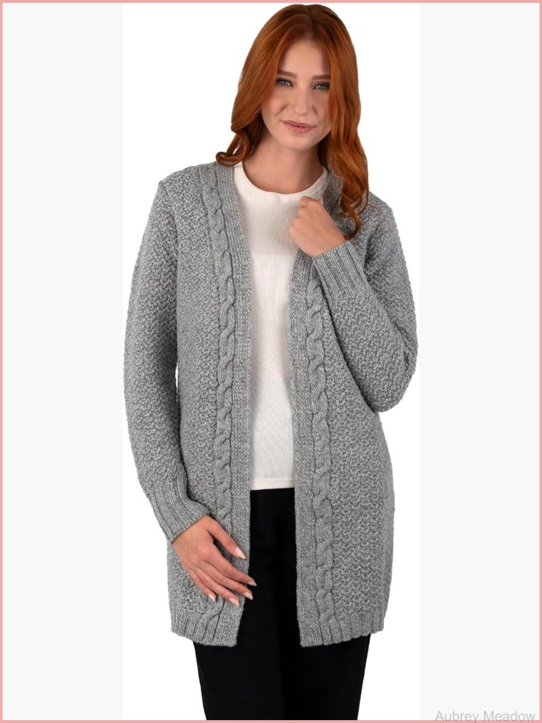 Merino Wool Cable Knit Open Front Cardigan Coat Longline